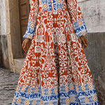 Orange Boho Geometric Printed Long Sleeve Maxi Dress