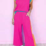 Strawberry Pink Color Block Detail Casual Two-piece Set