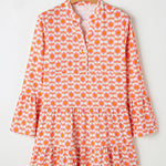 Orange Floral Print Flounce Sleeve Buttoned Front Mini Dress