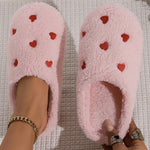 Pink Heart Shape Embroidered Slip On Plush Slippers