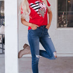 Red Leopard Striped Heart Shaped Print Crew Neck T Shirt