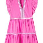 Strawberry Pink Ric Rac Colorblock Flutter Sleeve V Neck Tiered Dress