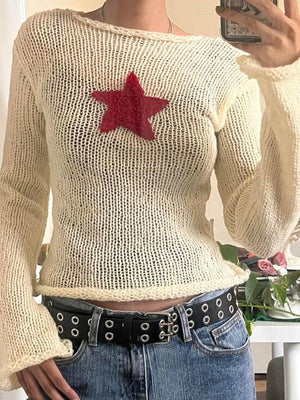 Women'S Y2K Star Graphic Drop Shoulder Crop Sweater, Comfortable Womenswear for Lady, Cozy Sweaters, Extra-Long Sleeve round Neck Jumper for Fall, Women'S Knitwear Top, Please Purchase a Size Up, Fall Outfits, Fallfreshness Preppy 80S Clothes