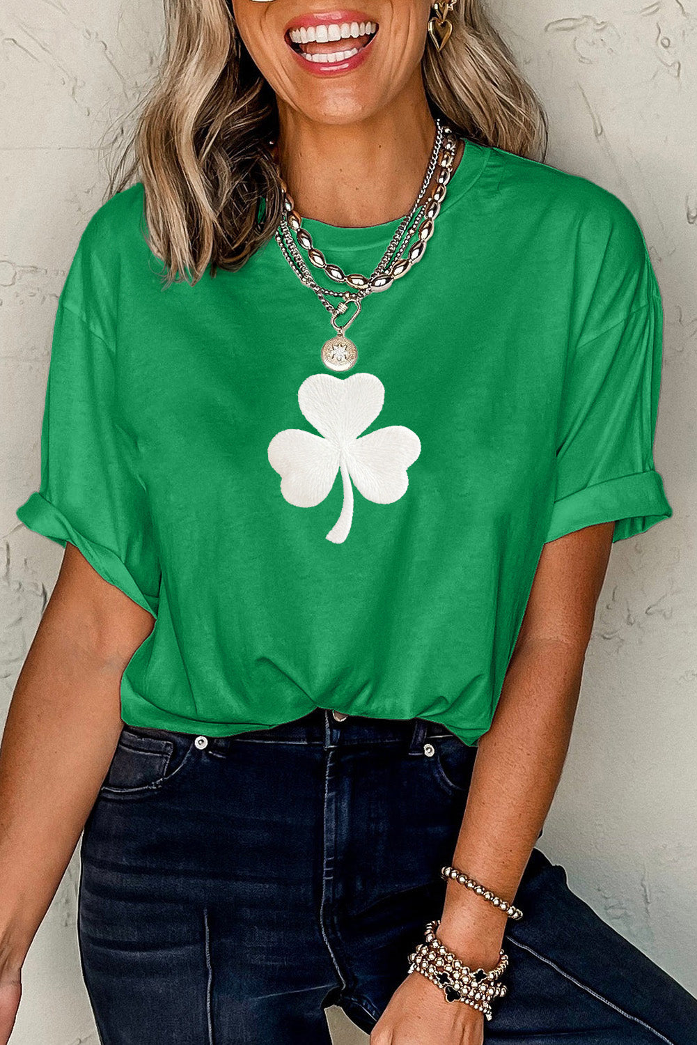 Bright Green Embroidered Clover Pattern St Patrick Tee