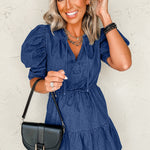 Blue Drawstring High Waist Puff Sleeve Denim Mini Dress