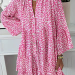 Bright Pink Leopard Printed Long Sleeve Buttoned Front Mini Dress