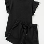 Black Textured Ruffle Split Top and Drawstring Shorts