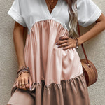 Light French Beige Triple Colors V Neck Folded Cuffs Tiered Loose Dress