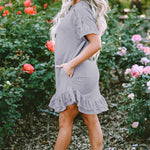 Light Grey Lace Floral Patchwork Ruffled T-shirt Dress