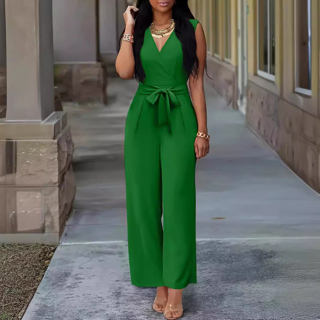 Women's V-neck Wide-leg Sleeveless Belt Jumpsuit