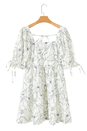 Beige Floral Print Square Neck Shirred Back Puff Sleeve Mini Dress