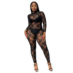 Street Sexy See-through Round Neck Long Sleeve Lace Tight Jumpsuit