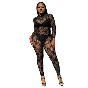 Street Sexy See-through Round Neck Long Sleeve Lace Tight Jumpsuit