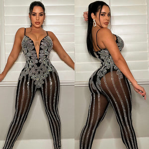 Nightclub Mesh Hot Drilling See-through Sling Jumpsuit