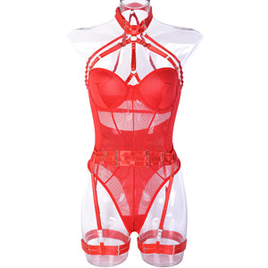 Jumpsuit Mesh Strap Stitching Heavy Craft Neck Sling Leg Ring