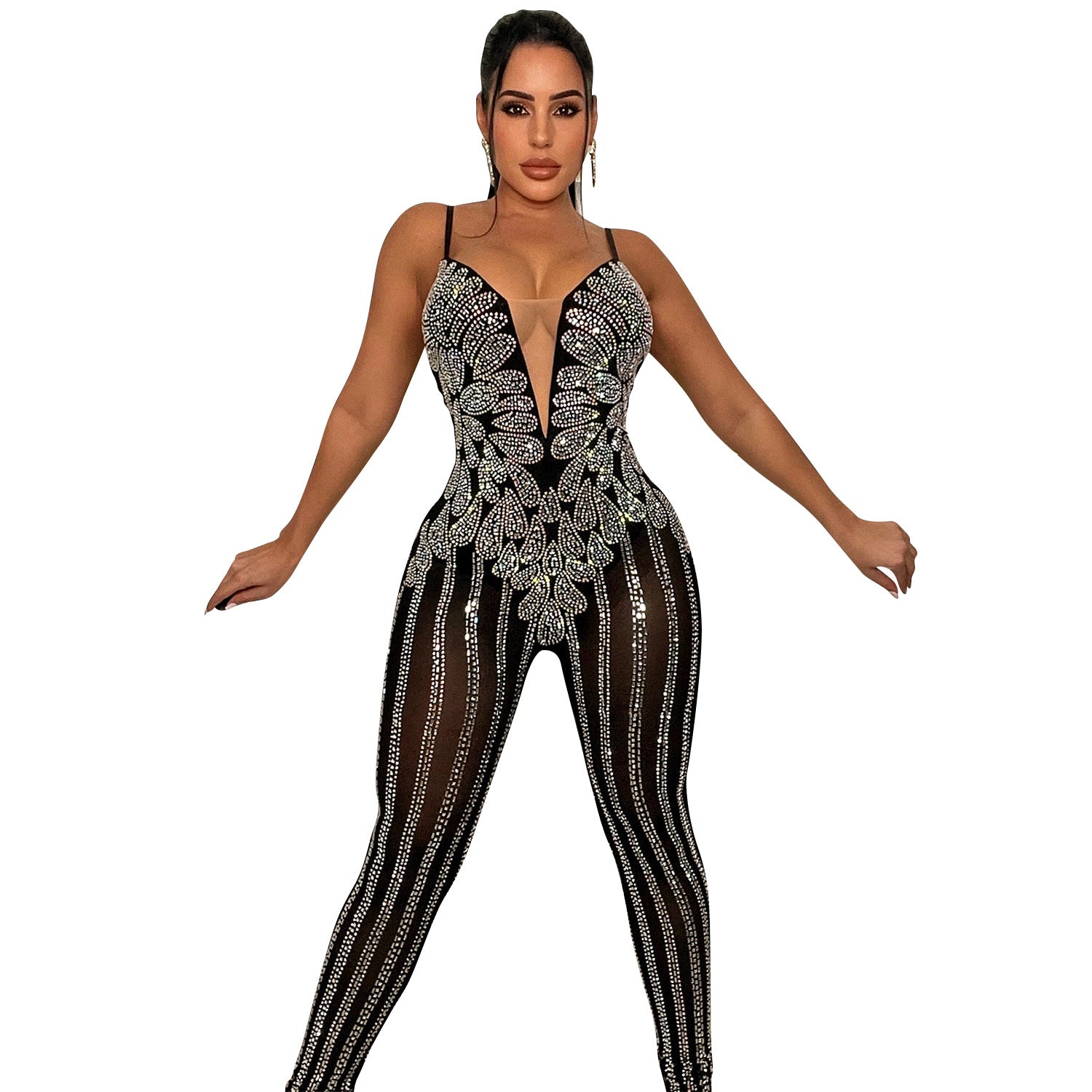 Nightclub Mesh Hot Drilling See-through Sling Jumpsuit