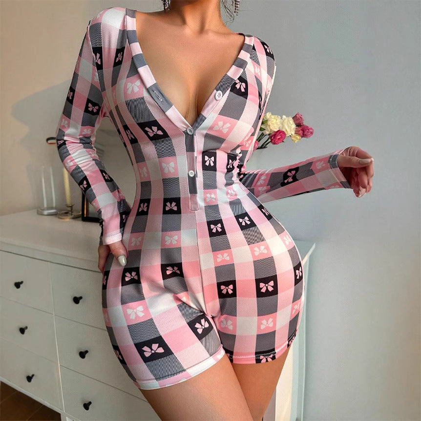 European And American Sexy Jumpsuit Deep V-neck Bow Plaid Printed Long Sleeve One-piece Pajamas