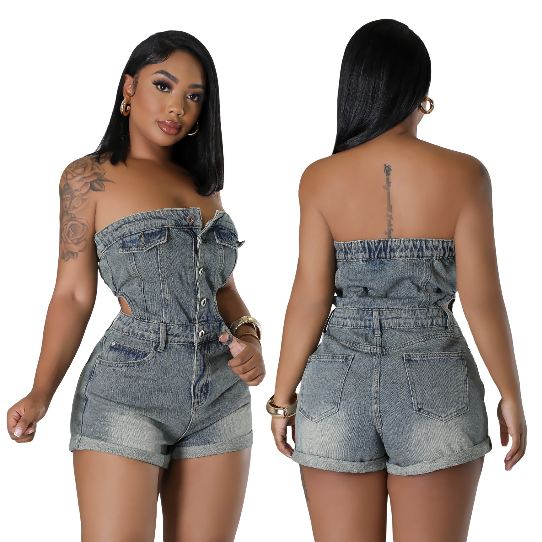 Women's Casual Fashion Tube Top Denim Jumpsuit