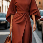 Loose Batwing Sleeve Dress Fashion Waist-tighted Solid Color Elegant Dresses For Women Clothing