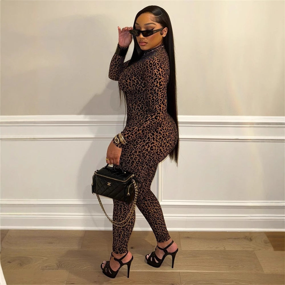 All-match Sexy Hot Girl Leopard Print Long Sleeve Jumpsuit