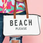 White BEACH PLEASE Print Large Canvas Tote Bag