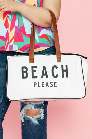 White BEACH PLEASE Print Large Canvas Tote Bag