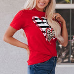 Red Leopard Striped Heart Shaped Print Crew Neck T Shirt