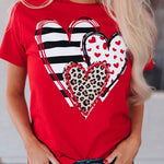 Red Leopard Striped Heart Shaped Print Crew Neck T Shirt