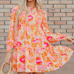 Orange Abstract Print Smocked Lantern Sleeve Ruffle Mini Dress