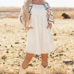 Beige Western Aztec Print Pleated Square Neck Loose Mini Dress