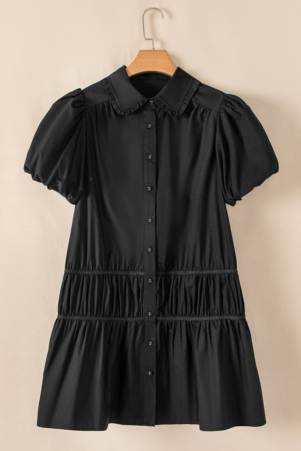 Black Shirt Style Button Down Puff Sleeve Ruffle Hem Dress