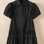 Black Shirt Style Button Down Puff Sleeve Ruffle Hem Dress