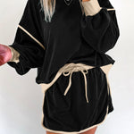 Black Color Contrast Loose Pullover and Lace-up Waist Skort Set