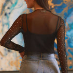 Black Rhinestone Sheer Mesh Slim Fit Long Sleeve Top