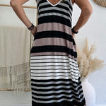 Multicolour Mixed Stripes Spaghetti Straps V Neck Maxi Dress