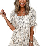 Beige Floral Print Square Neck Shirred Back Puff Sleeve Mini Dress