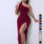 Women'S Glitter Sequin One Shoulder Ruched Split Thigh Bodycon Dress, Dress in Club, Dresses for Women, Summer Dresses 2024, Elegant Chic Party Outfit, Sparkly Long Evening Gown, Lady Formal Wear, Y2K Clothing, Halloween, Valentine'S Day Gift