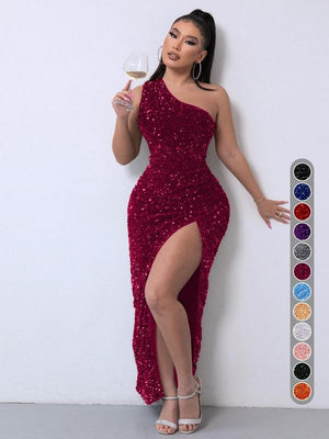 Women'S Glitter Sequin One Shoulder Ruched Split Thigh Bodycon Dress, Dress in Club, Dresses for Women, Summer Dresses 2024, Elegant Chic Party Outfit, Sparkly Long Evening Gown, Lady Formal Wear, Y2K Clothing, Halloween, Valentine'S Day Gift