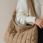 Light French Beige Quilted Zipper Large Shoulder Bag