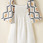 Beige Western Aztec Print Pleated Square Neck Loose Mini Dress