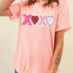 Pink Sequin Heart XOXO Patched Graphic Valentines T Shirt