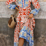 Orange Boho Geometric Printed Long Sleeve Maxi Dress