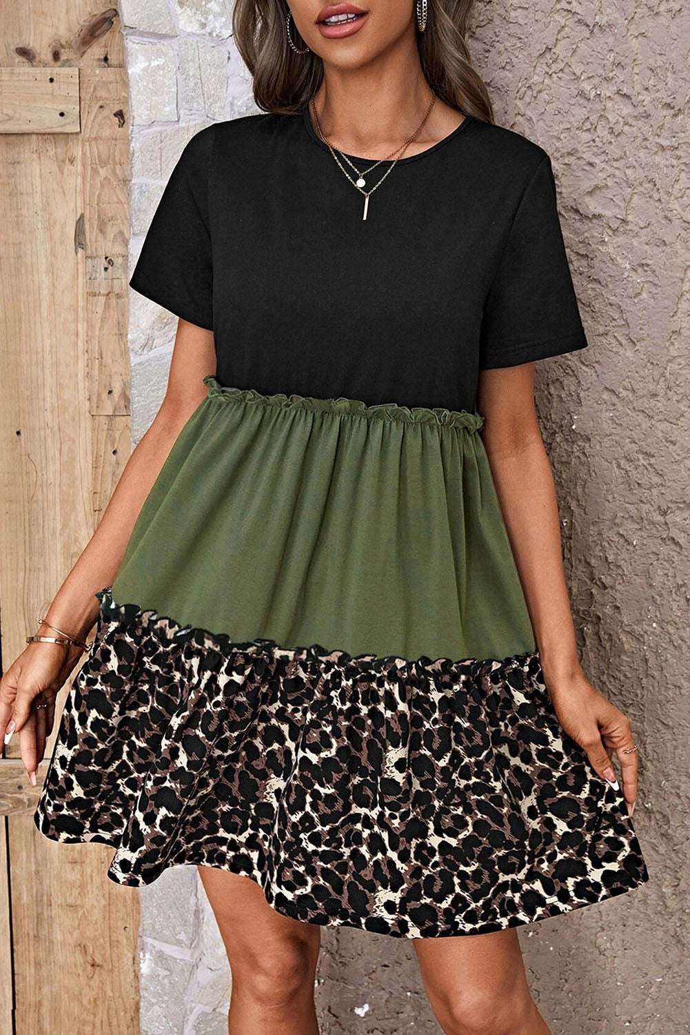 Jungle Green Leopard Print Colorblock Frill Trim T-shirt Dress