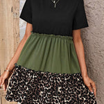 Jungle Green Leopard Print Colorblock Frill Trim T-shirt Dress