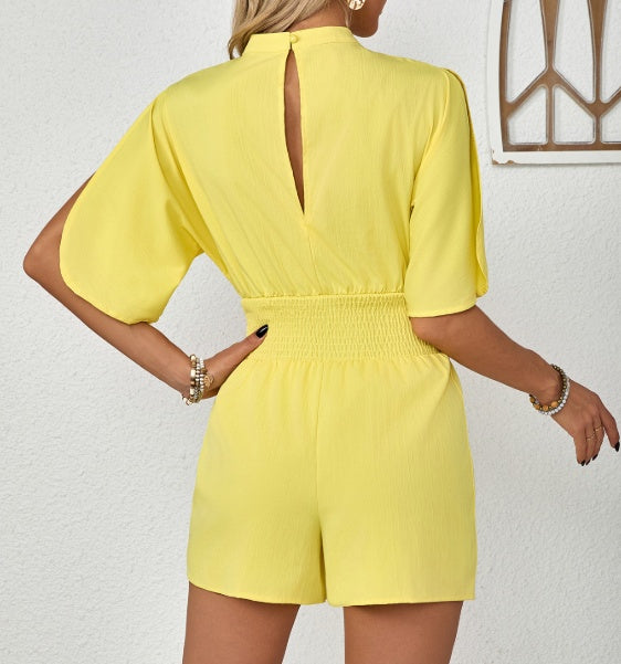 Women's Solid Color V-neck Ruffle Casual Fashion Jumpsuit