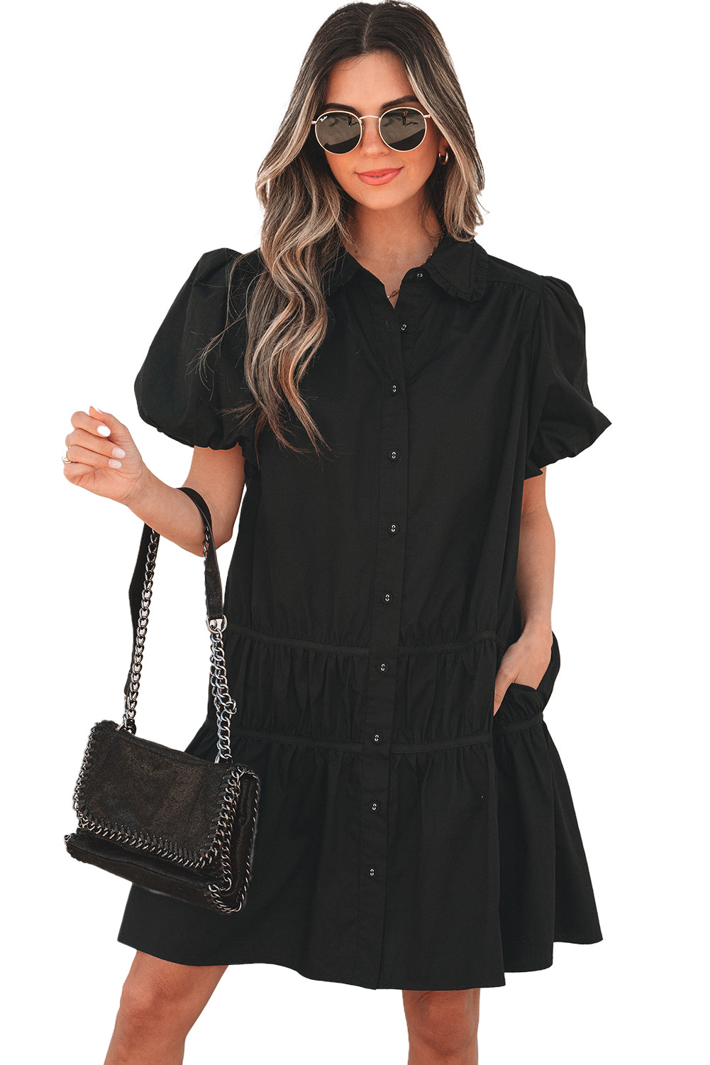 Black Shirt Style Button Down Puff Sleeve Ruffle Hem Dress