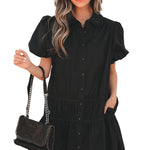 Black Shirt Style Button Down Puff Sleeve Ruffle Hem Dress