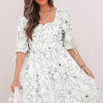 Beige Floral Print Square Neck Shirred Back Puff Sleeve Mini Dress