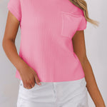 Pink Patch Pocket Ribbed Knit Short Sleeve Sweater