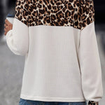 White Leopard Waffle Knit Patchwork Button V Neck Top